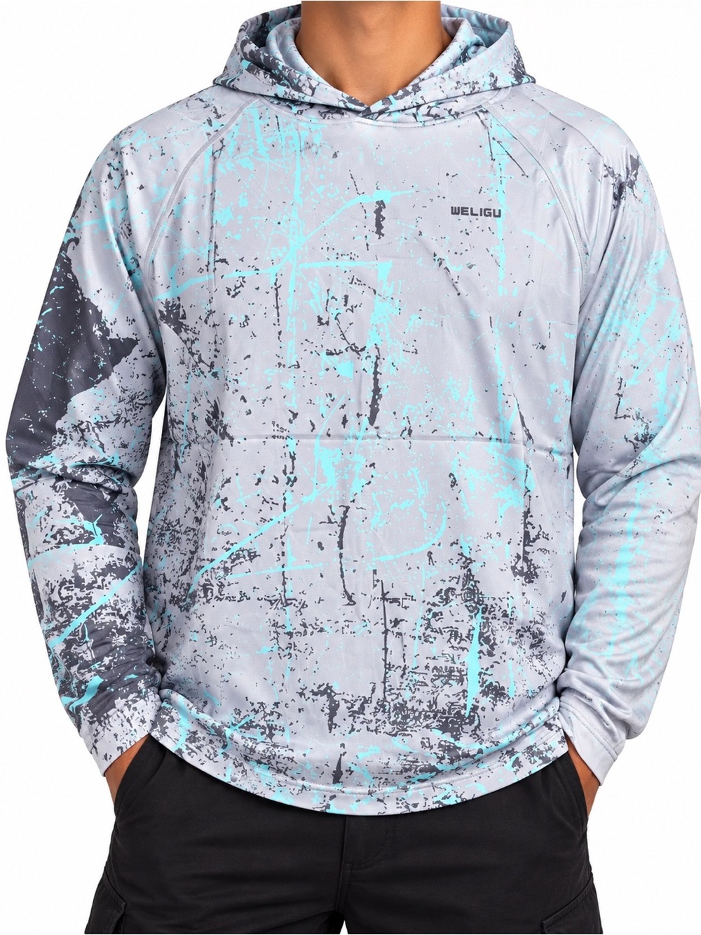 Weligu Men’s Light Gray & Aqua Hooded Rash Guard